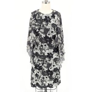 Giamba Paris Floral Cape Dress Black White 46/L party cocktail preppy hippie